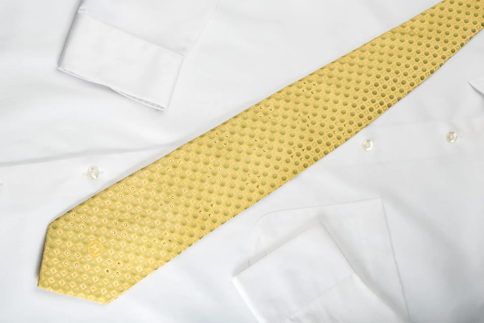 Metro City Silk Tie Green Dots On Yellow With Rhinestones