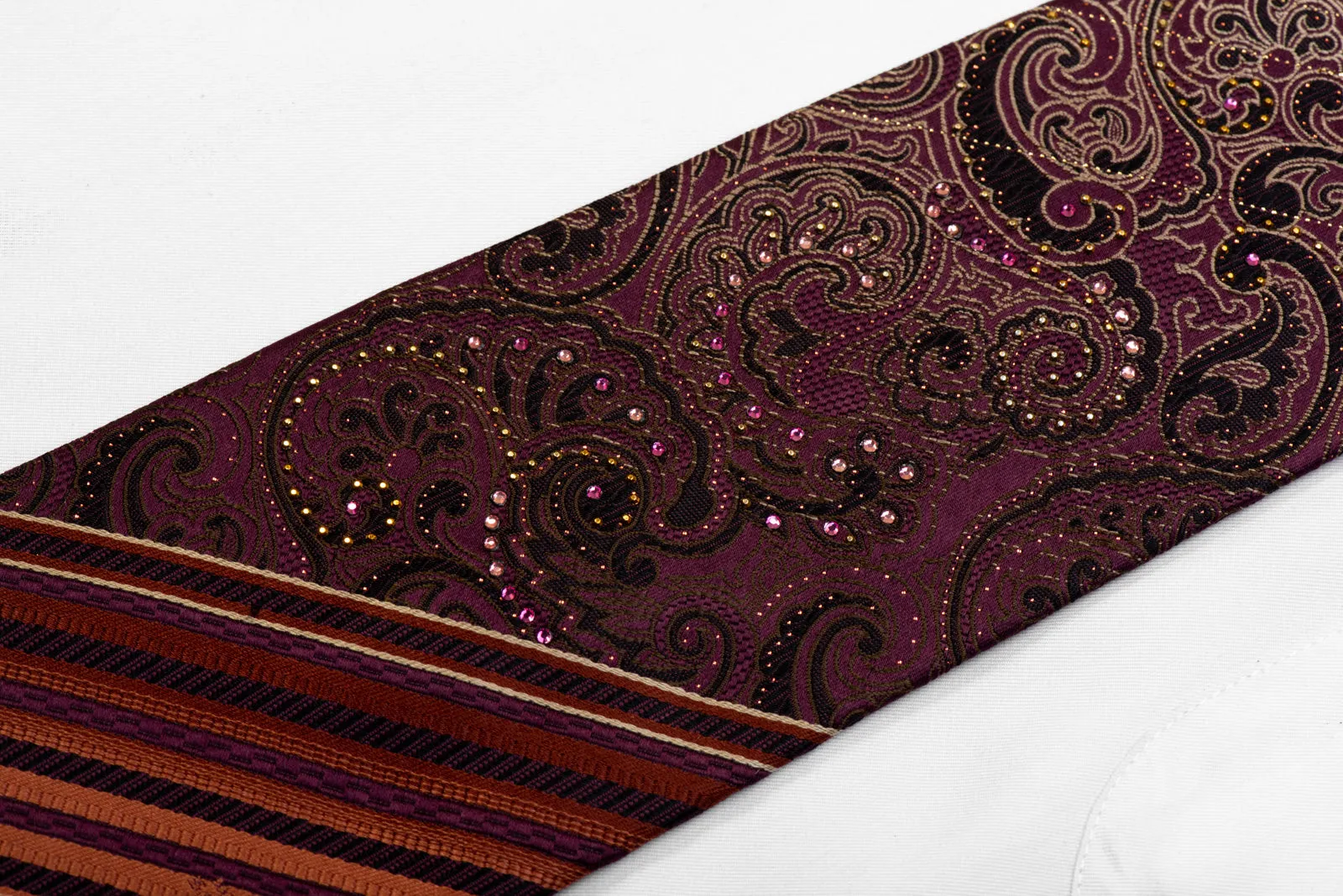 Mila Schon Rhinestone Silk Tie Gold Paisley On Purple With Gold Studs