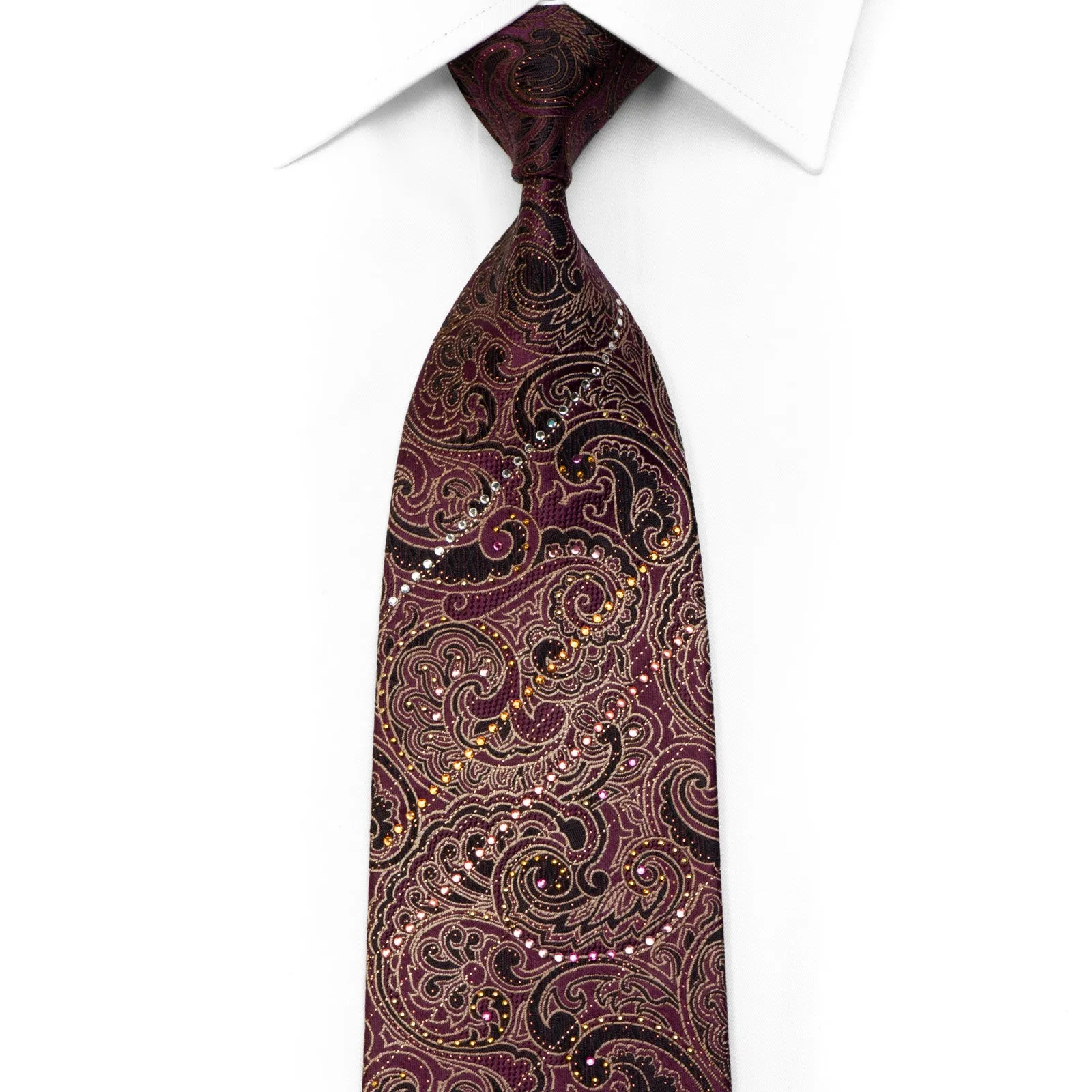 Mila Schon Rhinestone Silk Tie Gold Paisley On Purple With Gold Studs