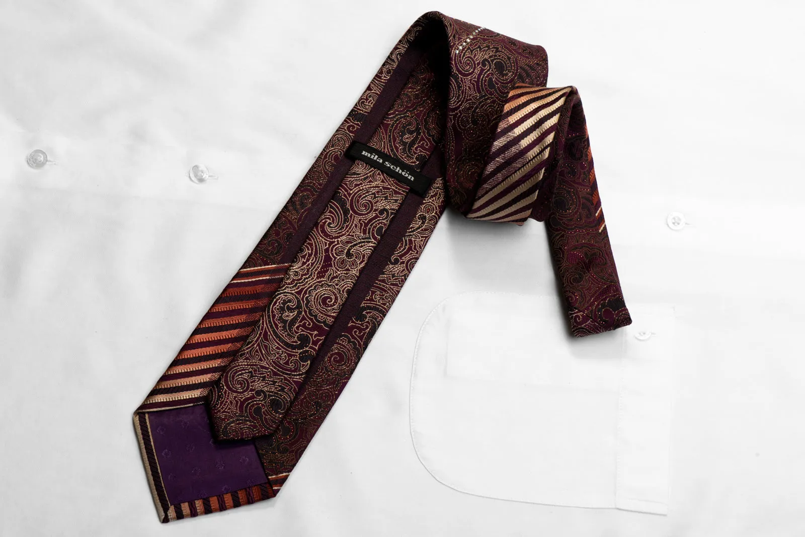 Mila Schon Rhinestone Silk Tie Gold Paisley On Purple With Gold Studs