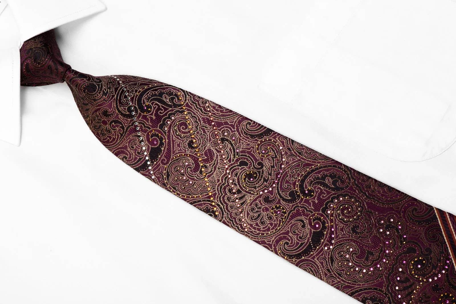 Mila Schon Rhinestone Silk Tie Gold Paisley On Purple With Gold Studs