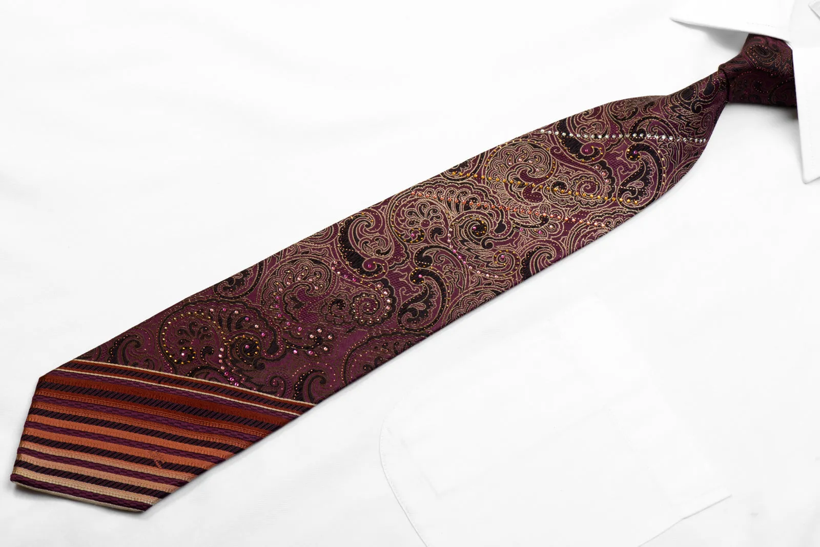 Mila Schon Rhinestone Silk Tie Gold Paisley On Purple With Gold Studs