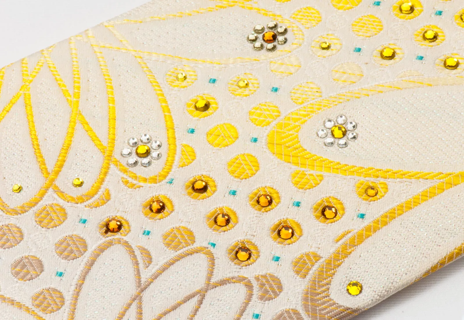 Mila Schon Rhinestone Silk Tie Yellow Geometric Design On White Silk