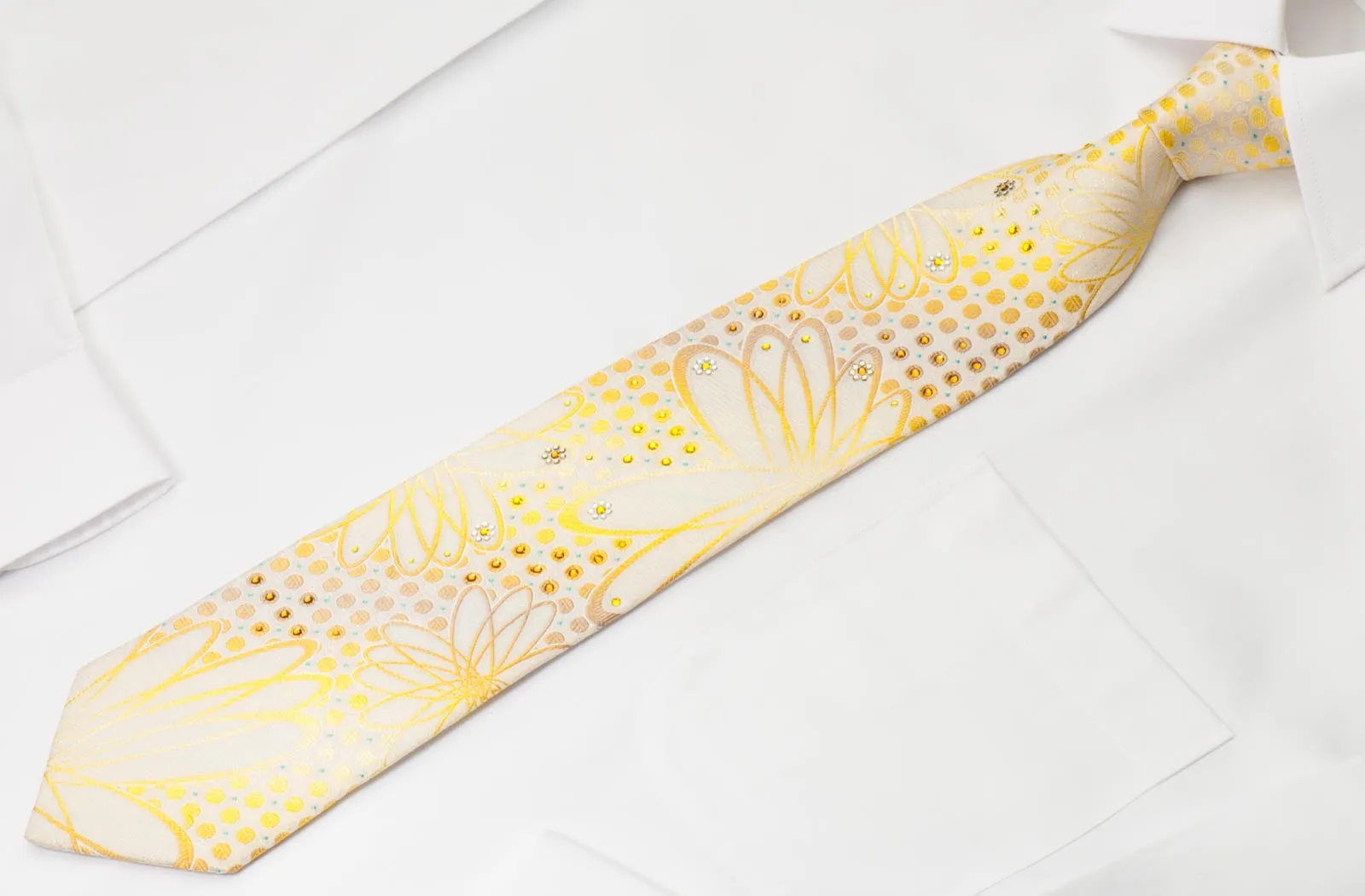 Mila Schon Rhinestone Silk Tie Yellow Geometric Design On White Silk
