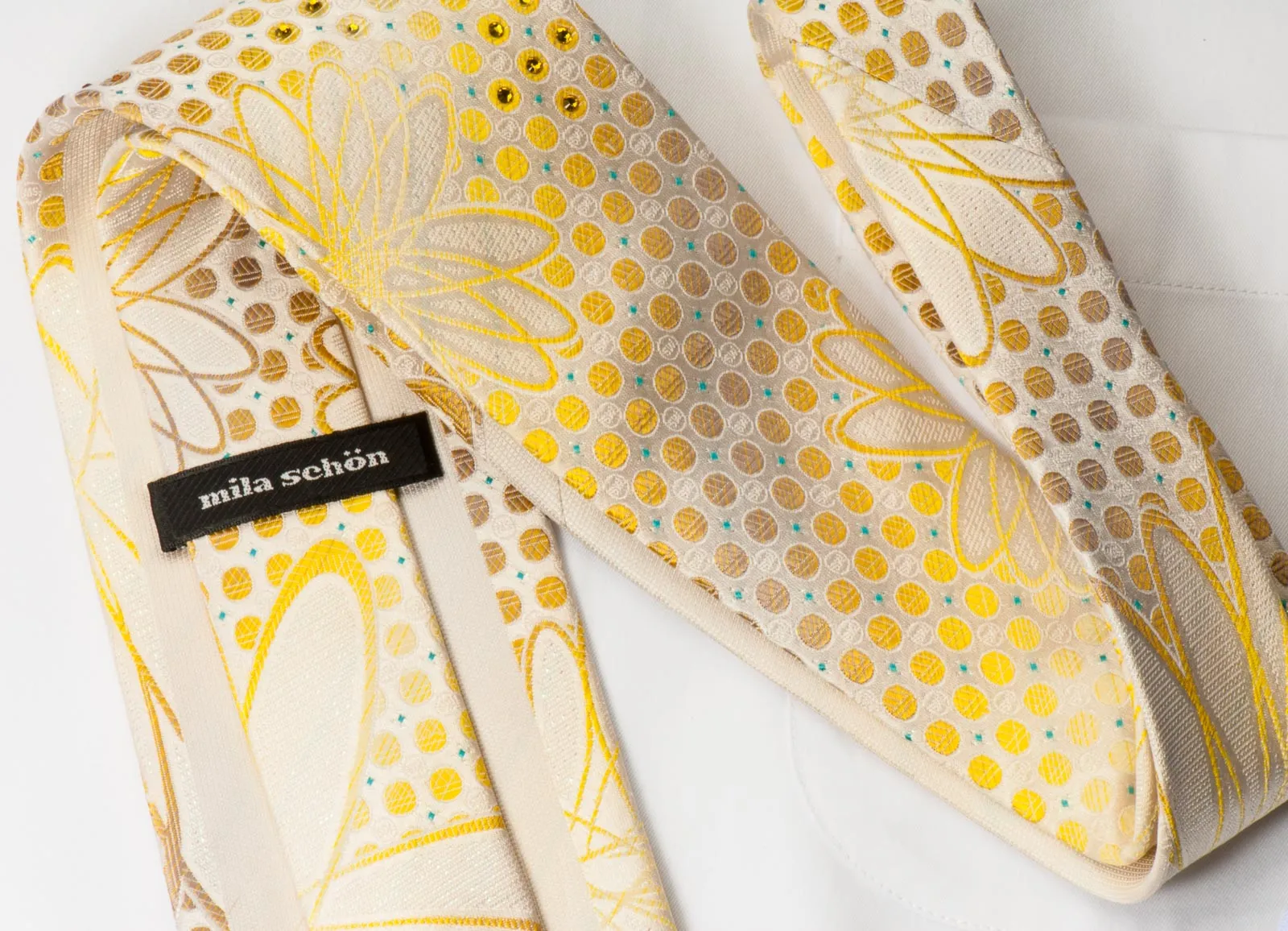 Mila Schon Rhinestone Silk Tie Yellow Geometric Design On White Silk
