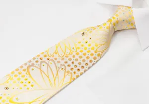 Mila Schon Rhinestone Silk Tie Yellow Geometric Design On White Silk