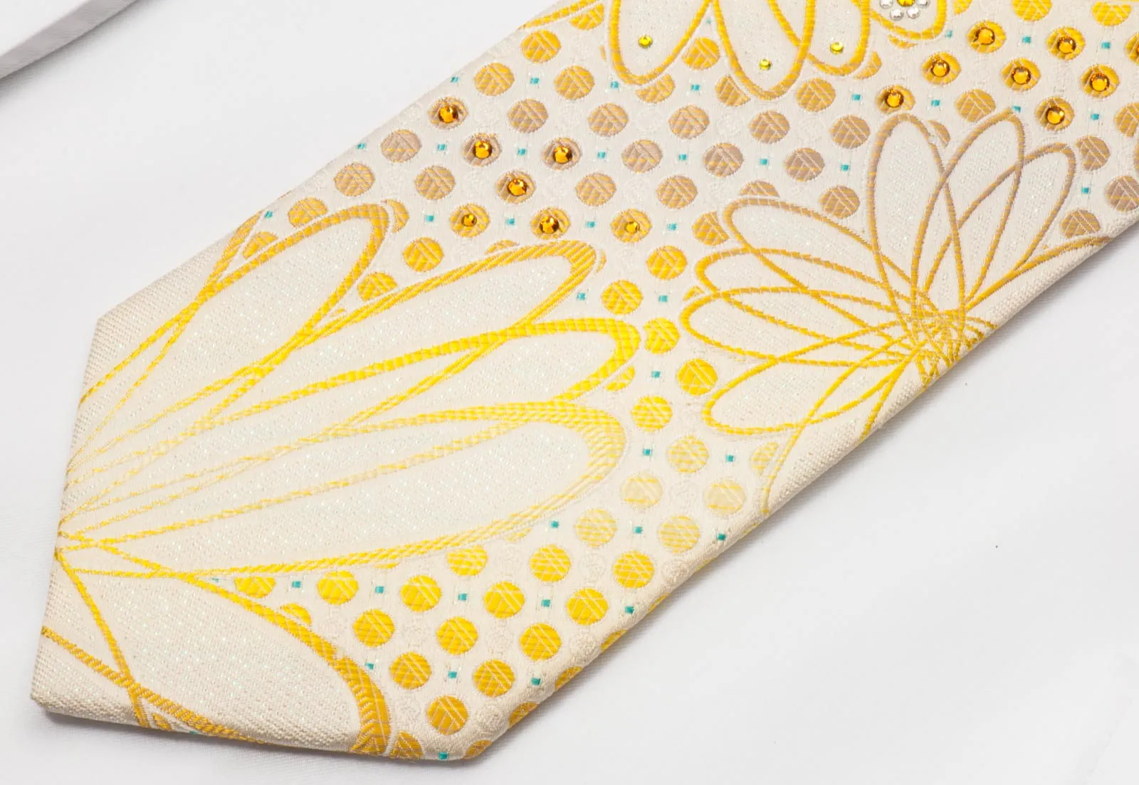 Mila Schon Rhinestone Silk Tie Yellow Geometric Design On White Silk