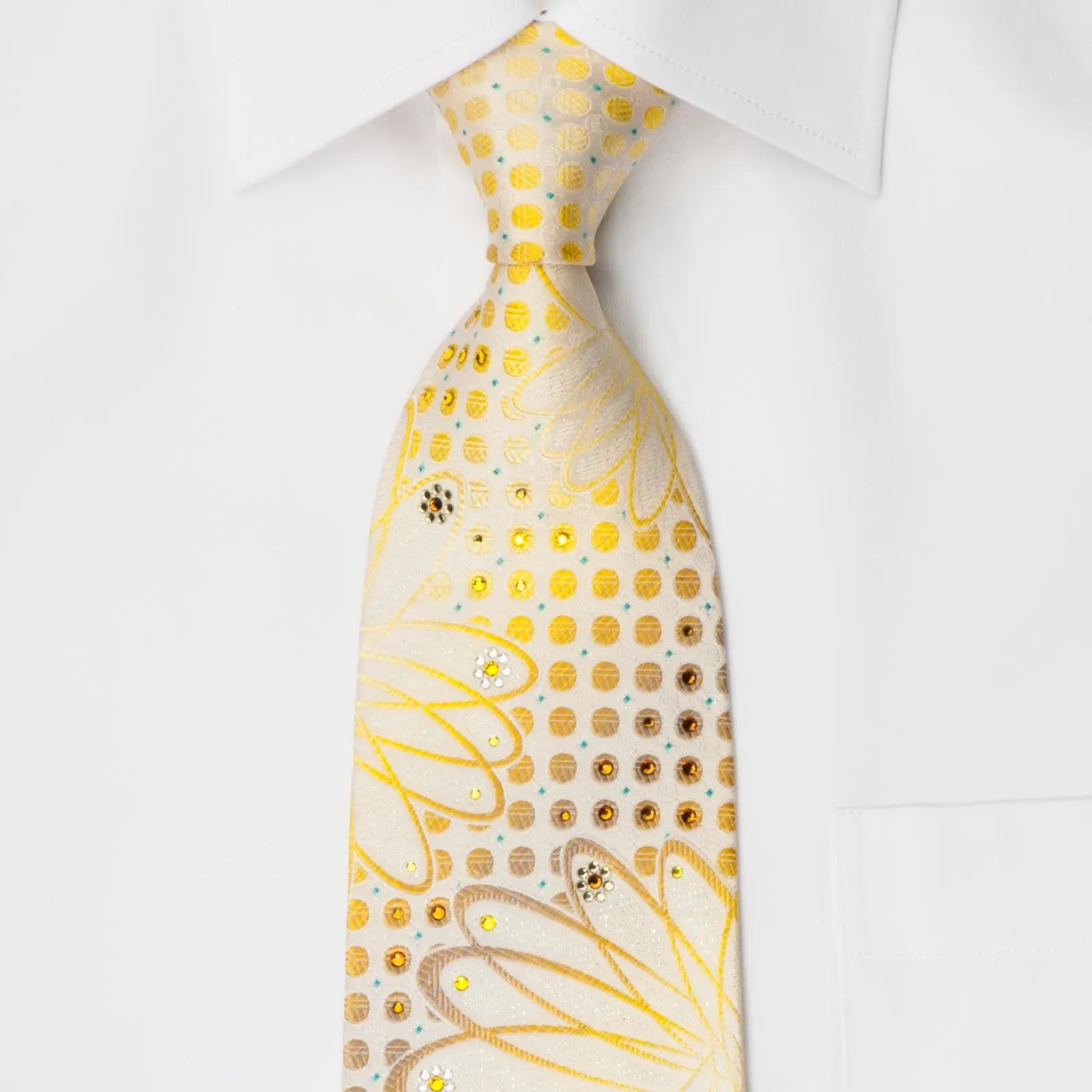 Mila Schon Rhinestone Silk Tie Yellow Geometric Design On White Silk