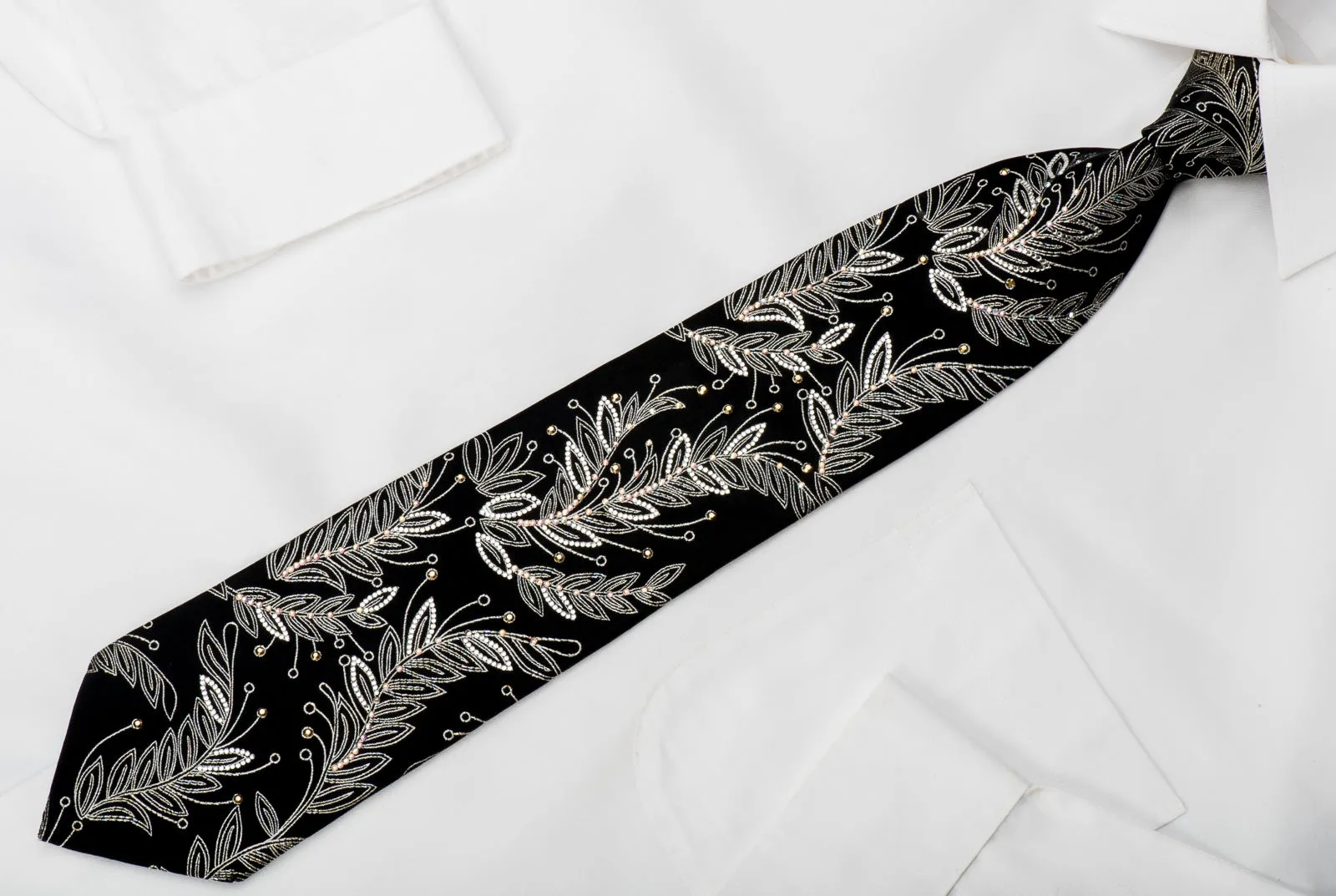 Mila Schon Rhinestone Tie Silver Floral On Black With Sparkles