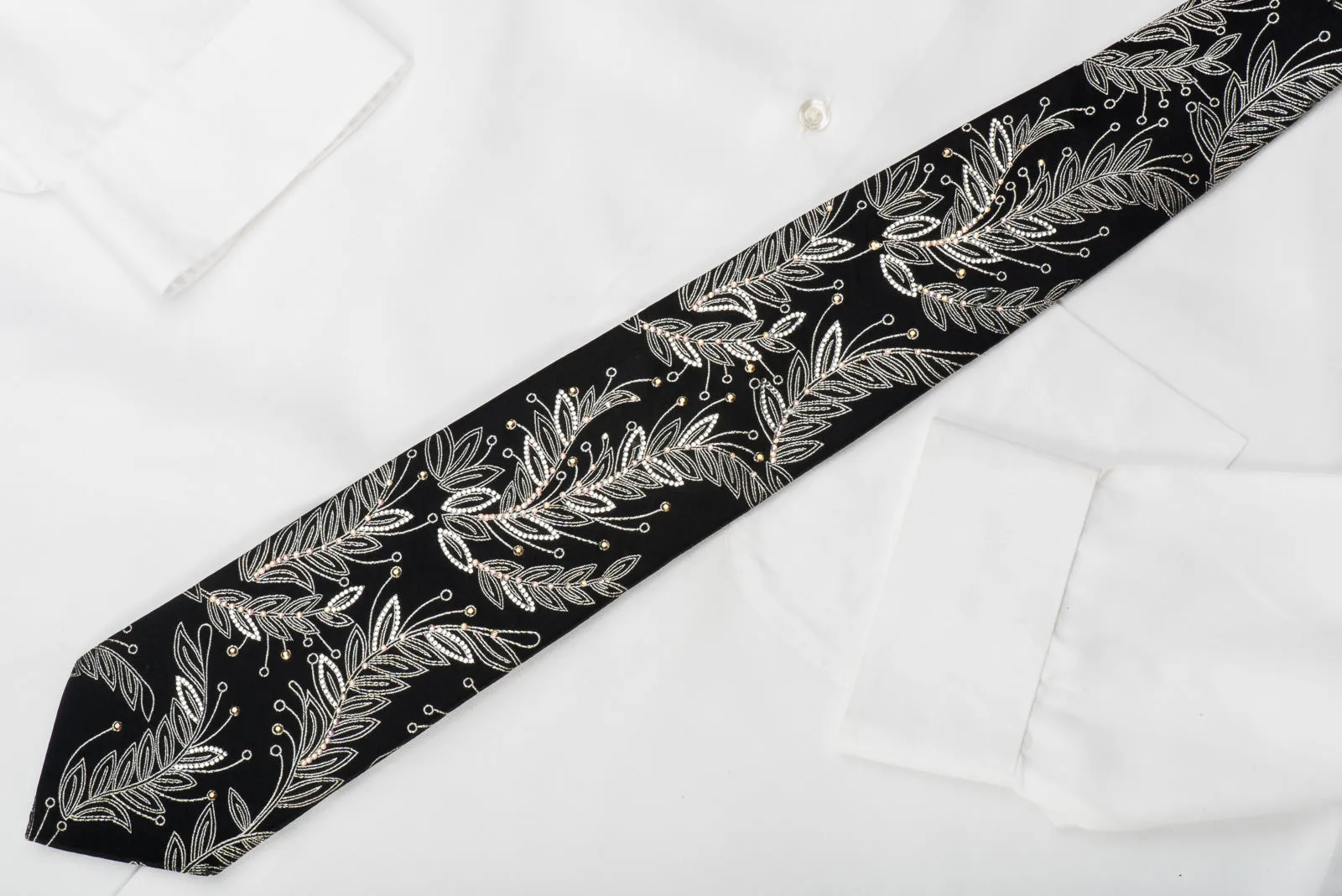 Mila Schon Rhinestone Tie Silver Floral On Black With Sparkles