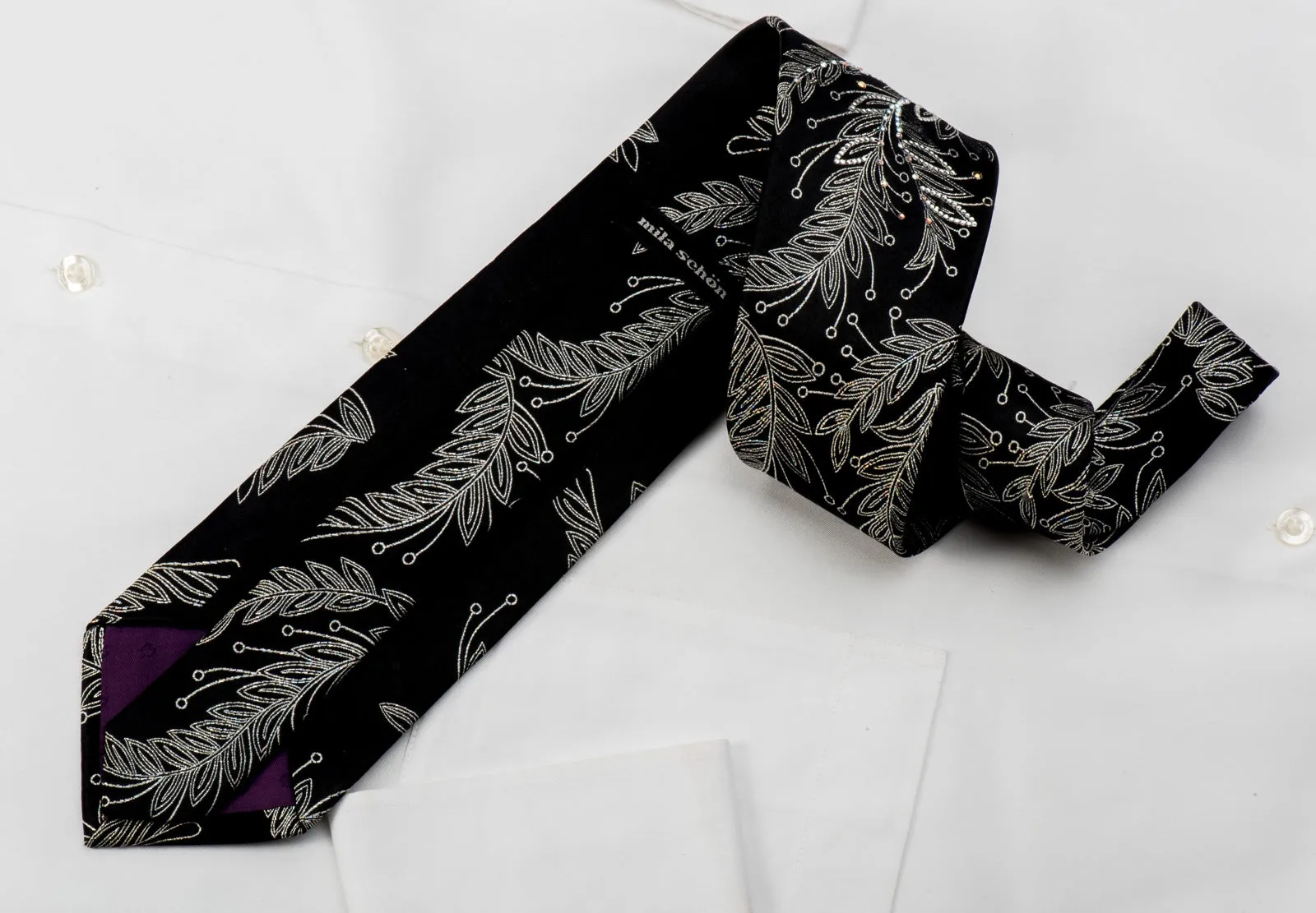 Mila Schon Rhinestone Tie Silver Floral On Black With Sparkles