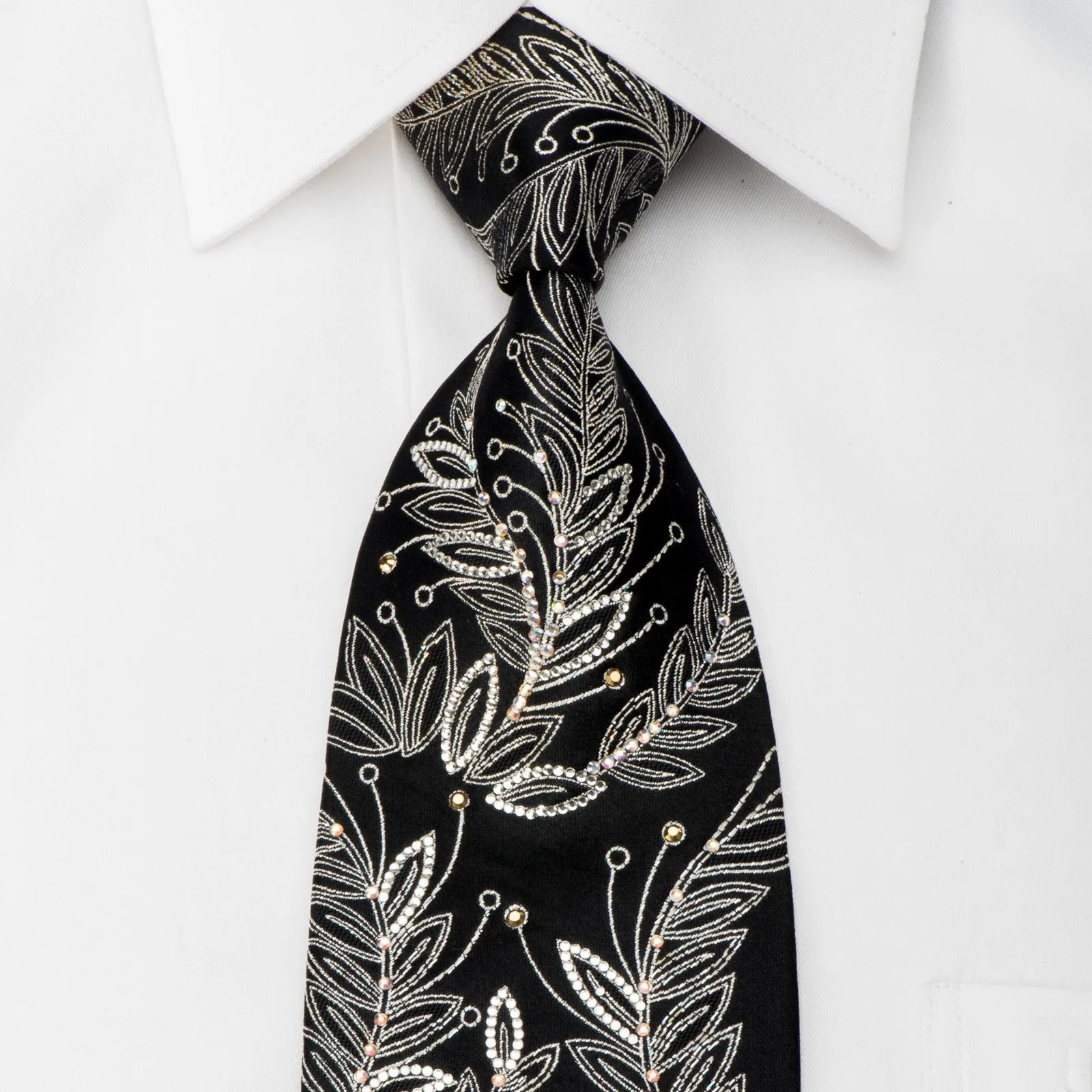 Mila Schon Rhinestone Tie Silver Floral On Black With Sparkles