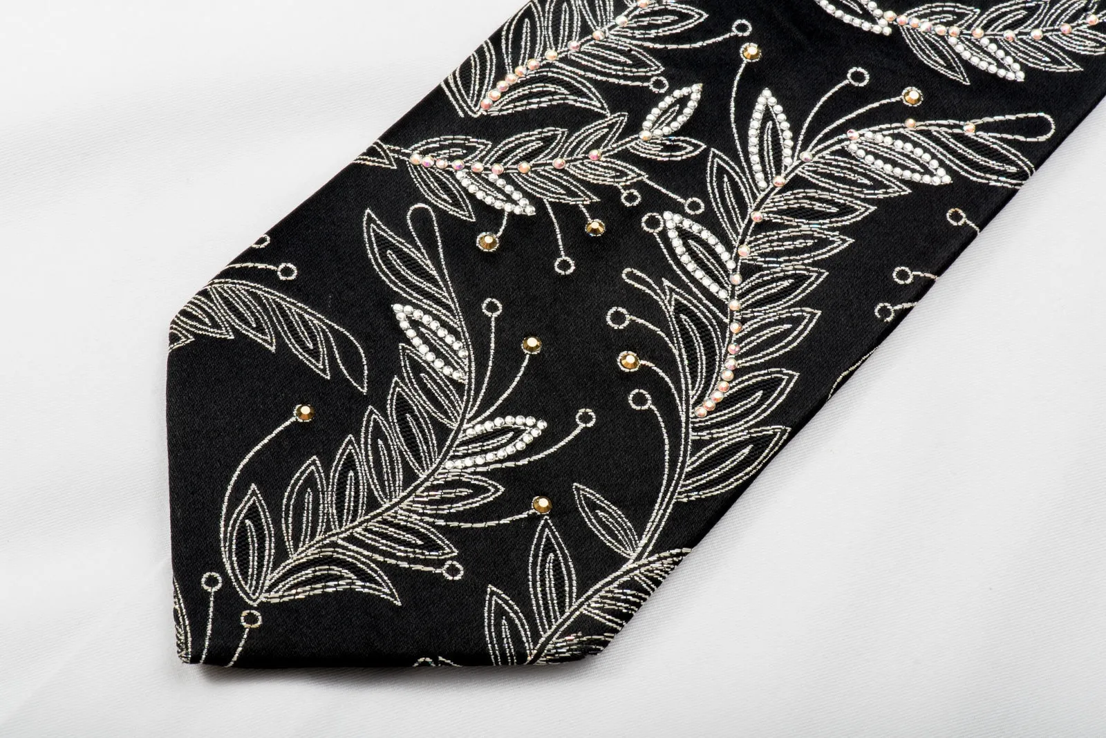 Mila Schon Rhinestone Tie Silver Floral On Black With Sparkles