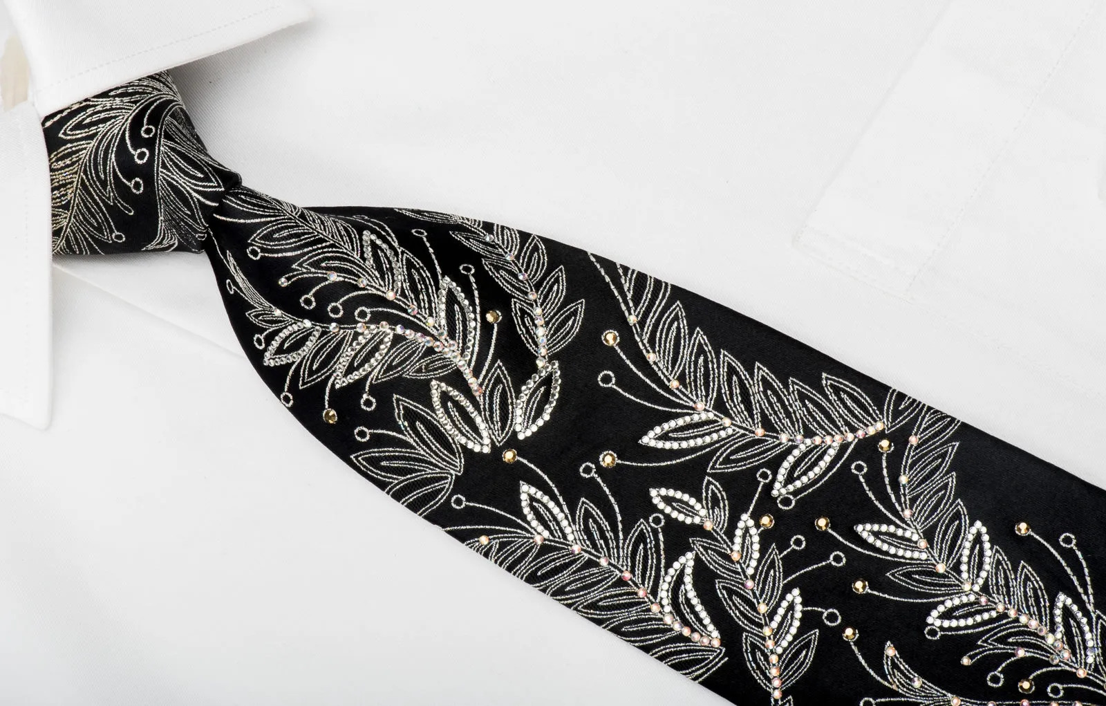Mila Schon Rhinestone Tie Silver Floral On Black With Sparkles