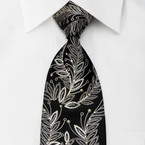 Mila Schon Rhinestone Tie Silver Floral On Black With Sparkles