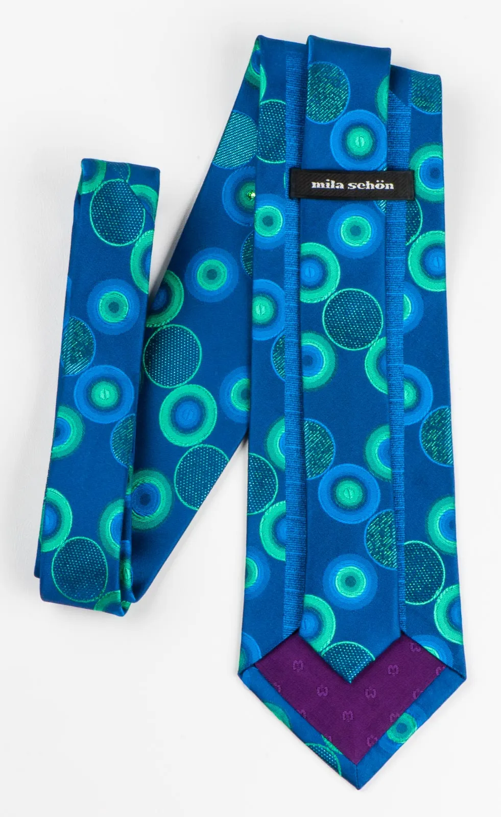 Mila Schon Silk Neck Tie Turquoise Geometric Circles On Blue With Rhinestones