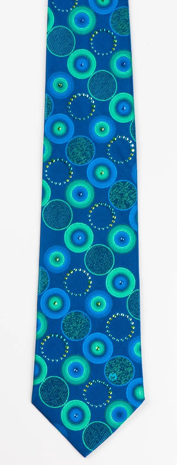 Mila Schon Silk Neck Tie Turquoise Geometric Circles On Blue With Rhinestones