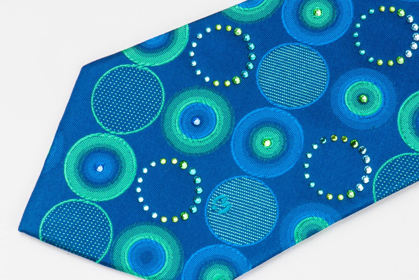 Mila Schon Silk Neck Tie Turquoise Geometric Circles On Blue With Rhinestones