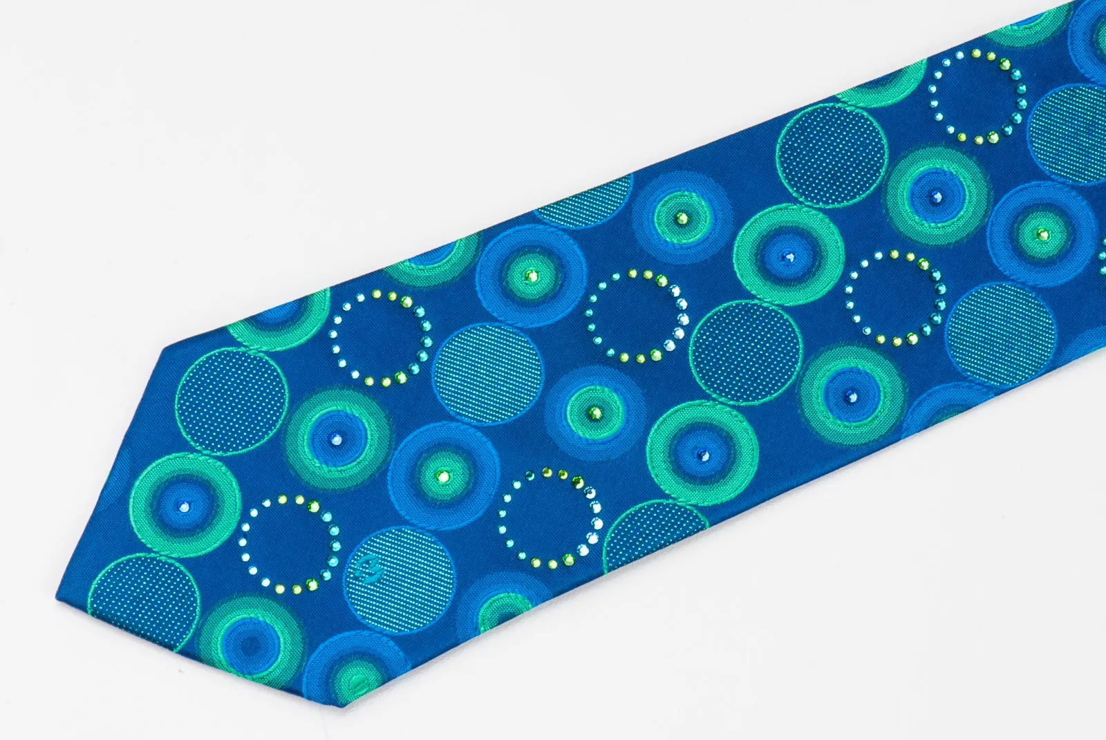 Mila Schon Silk Neck Tie Turquoise Geometric Circles On Blue With Rhinestones