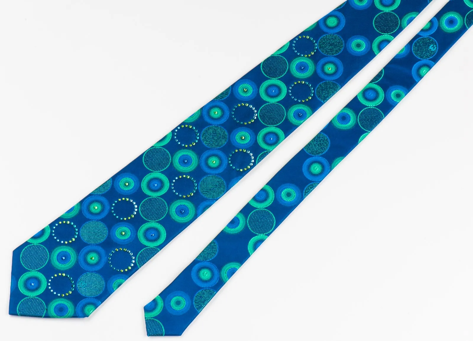 Mila Schon Silk Neck Tie Turquoise Geometric Circles On Blue With Rhinestones