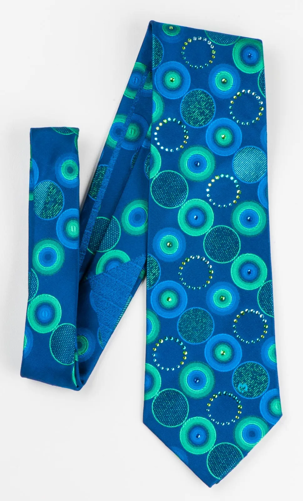 Mila Schon Silk Neck Tie Turquoise Geometric Circles On Blue With Rhinestones