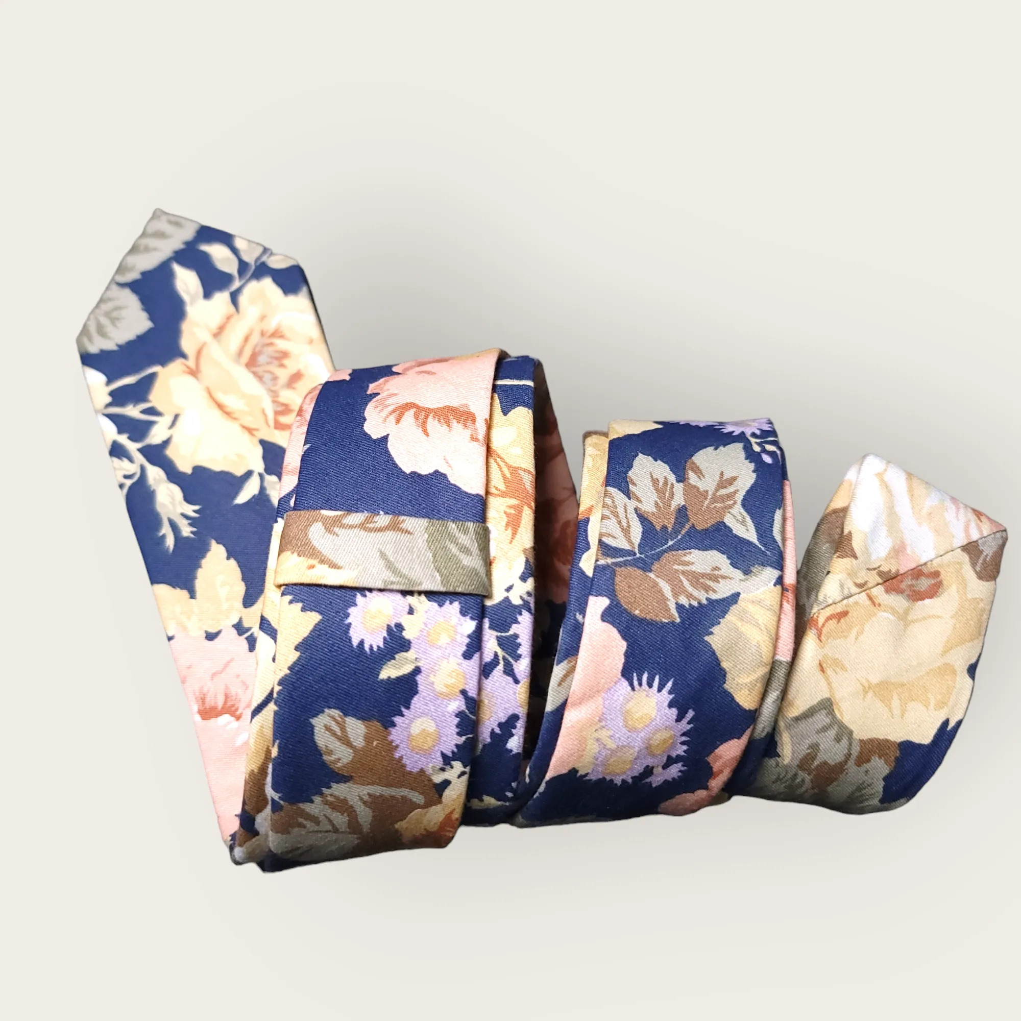 Navy Blue Cream Floral Slim Tie