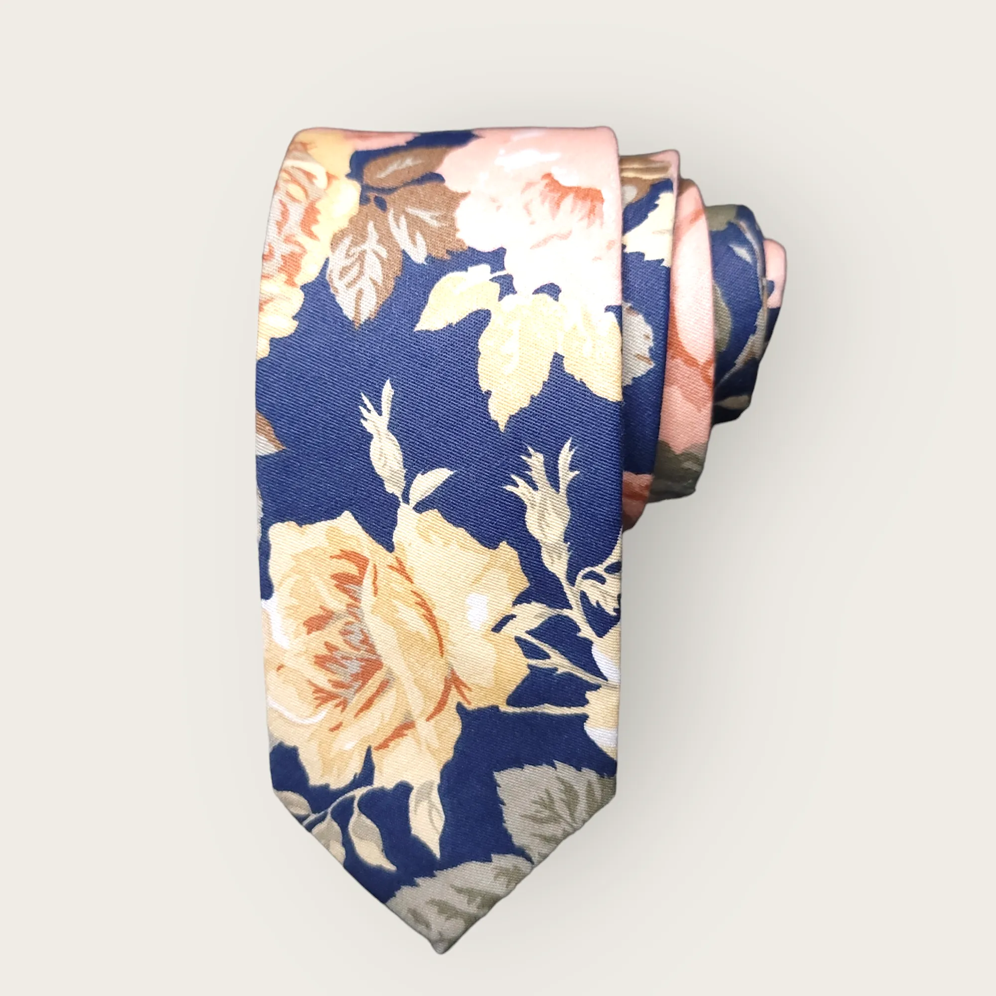Navy Blue Cream Floral Slim Tie