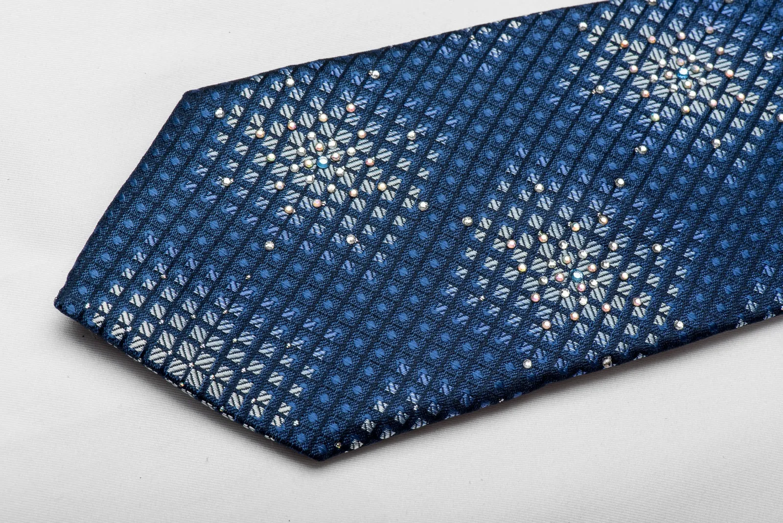 Nicole St Giles Men's Silk Crystal Necktie Silver Geometric On Blue Sparkling with Rhinestones