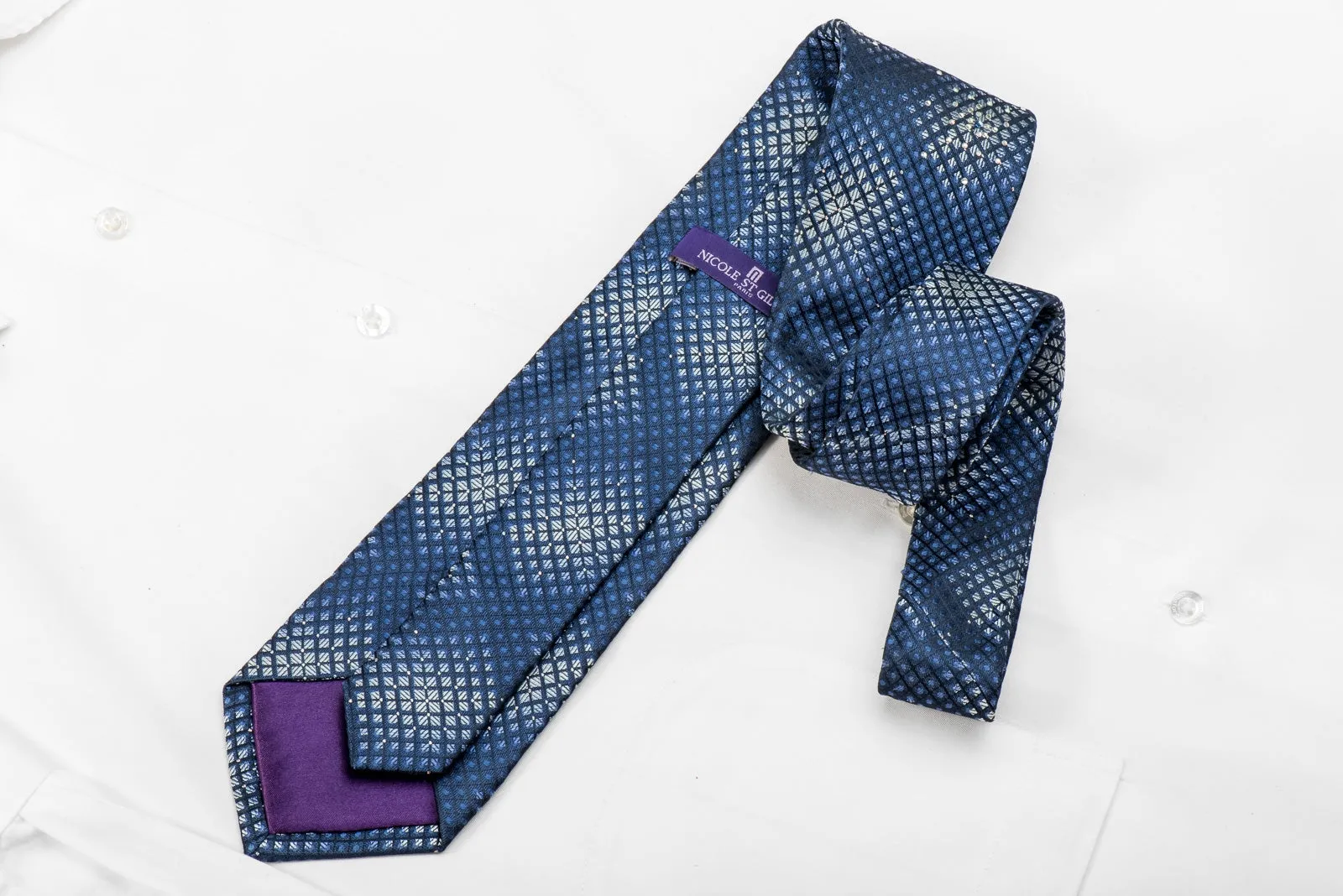 Nicole St Giles Men's Silk Crystal Necktie Silver Geometric On Blue Sparkling with Rhinestones