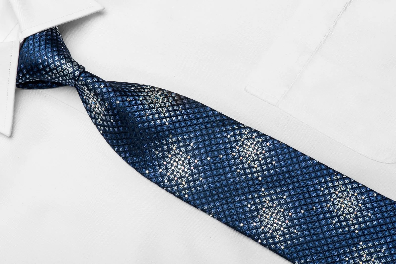 Nicole St Giles Men's Silk Crystal Necktie Silver Geometric On Blue Sparkling with Rhinestones