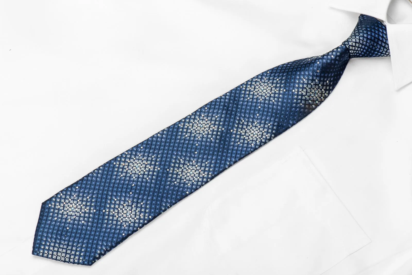 Nicole St Giles Men's Silk Crystal Necktie Silver Geometric On Blue Sparkling with Rhinestones