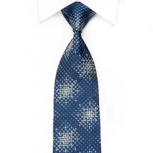 Nicole St Giles Men's Silk Crystal Necktie Silver Geometric On Blue Sparkling with Rhinestones