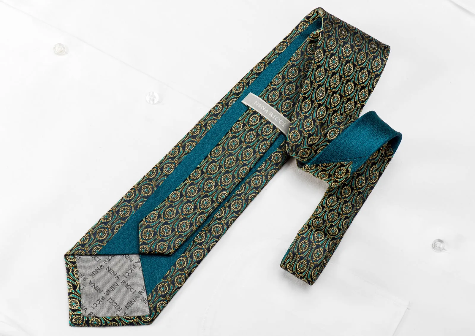 Nina Ricci Men's Crystal Silk Necktie Golden On Turquoise With Goldnen Sparkles