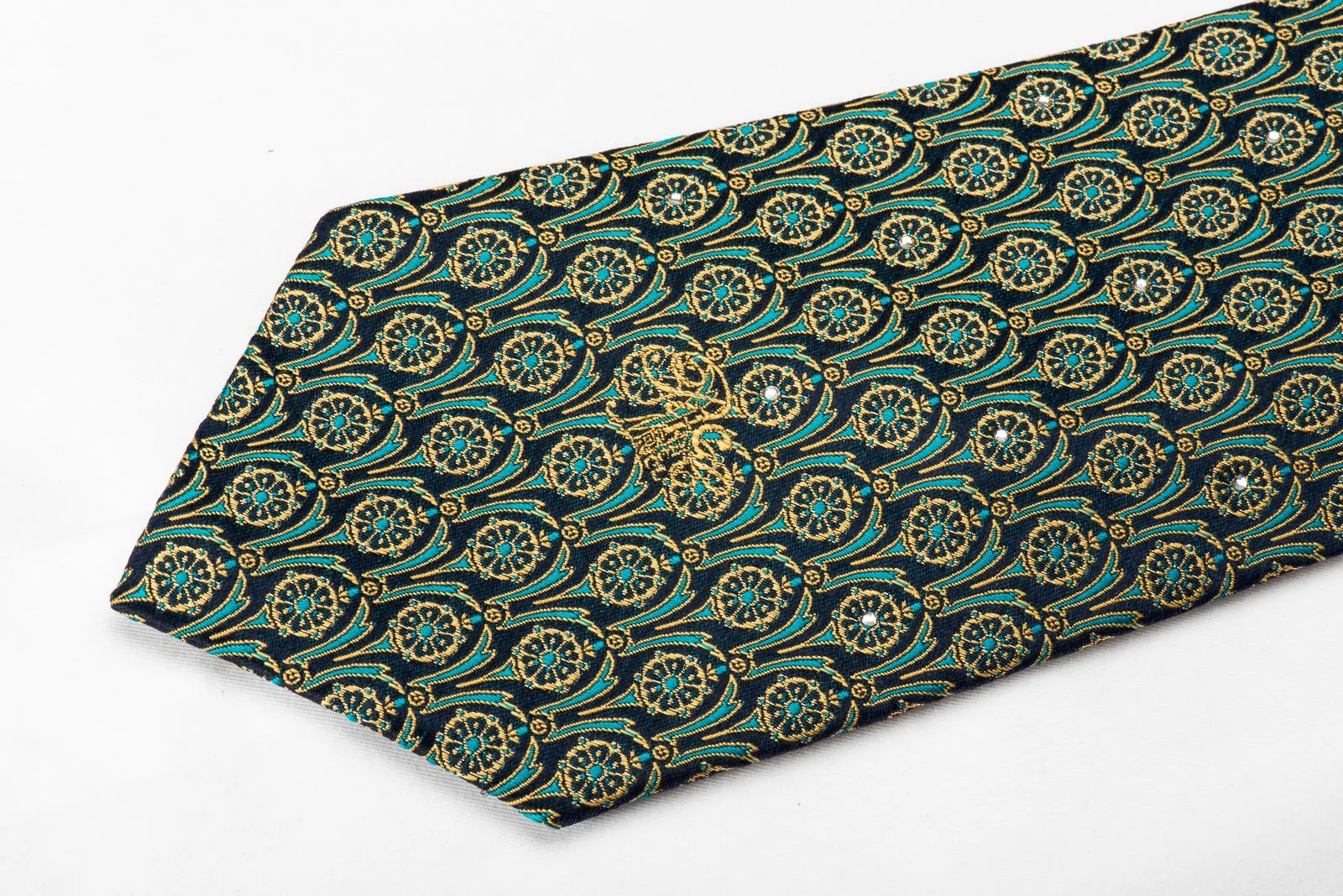 Nina Ricci Men's Crystal Silk Necktie Golden On Turquoise With Goldnen Sparkles