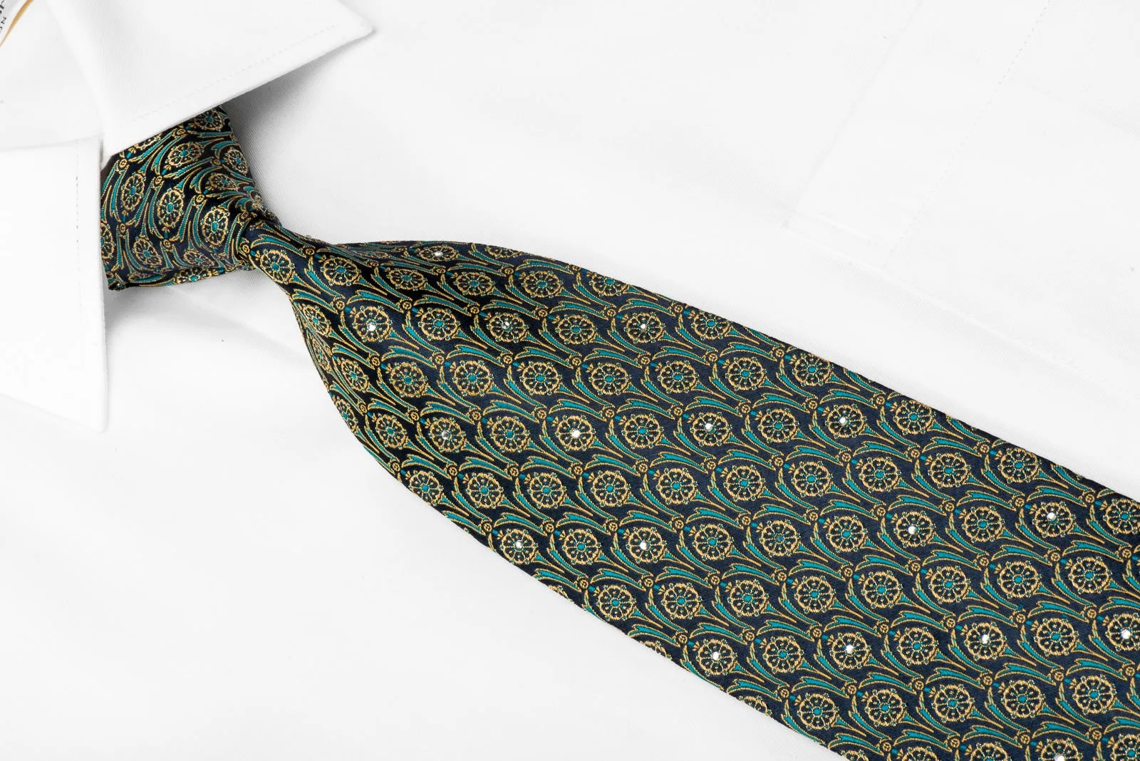 Nina Ricci Men's Crystal Silk Necktie Golden On Turquoise With Goldnen Sparkles