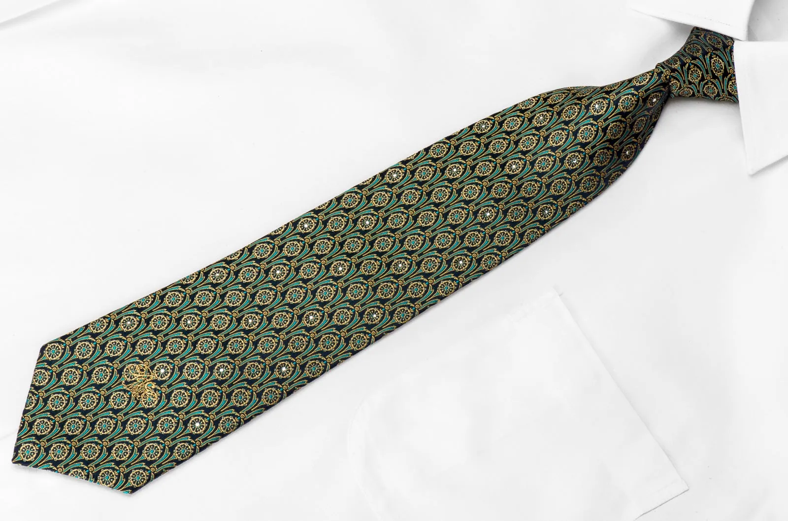 Nina Ricci Men's Crystal Silk Necktie Golden On Turquoise With Goldnen Sparkles