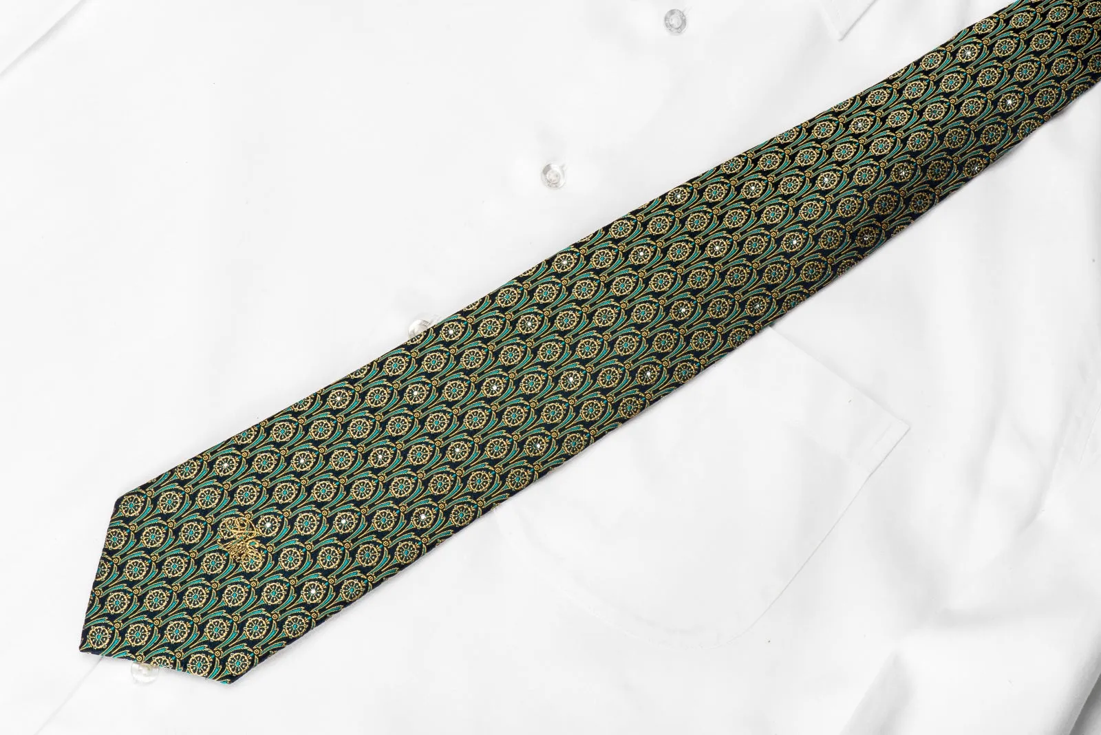 Nina Ricci Men's Crystal Silk Necktie Golden On Turquoise With Goldnen Sparkles
