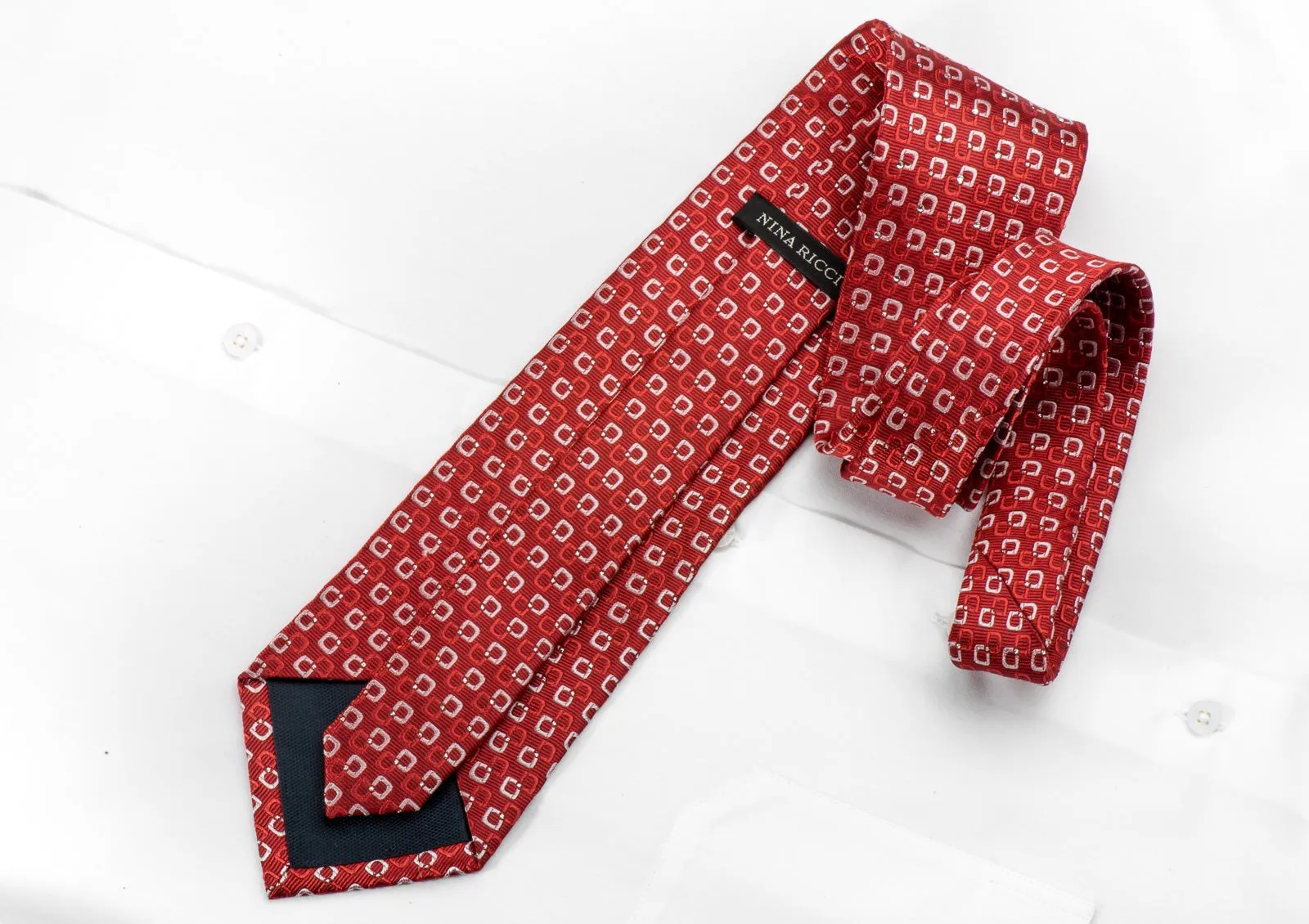 Nina Ricci Men's Rhinestone Tie Interlocking Squares On Red With Silver Sparkles