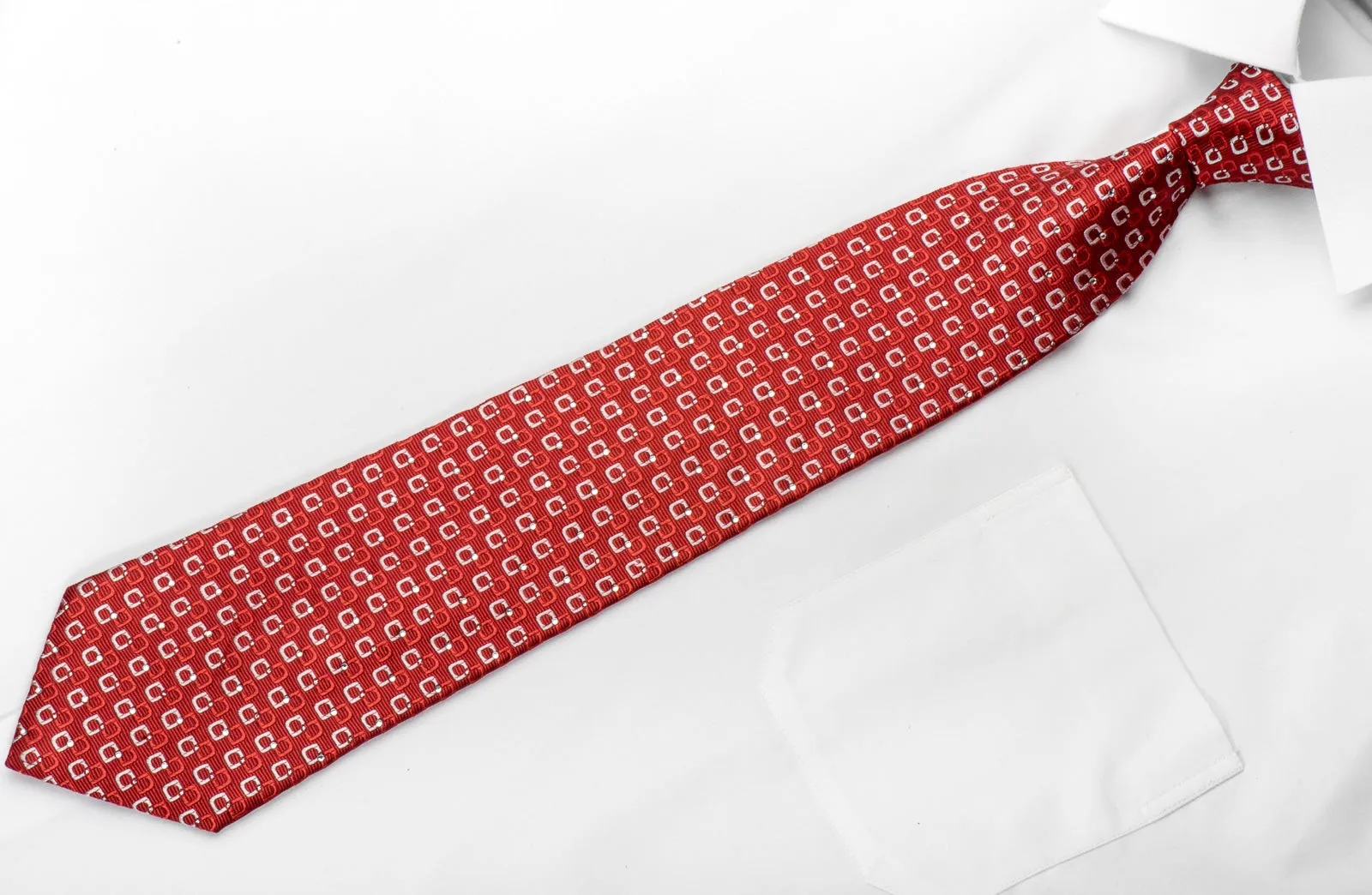 Nina Ricci Men's Rhinestone Tie Interlocking Squares On Red With Silver Sparkles