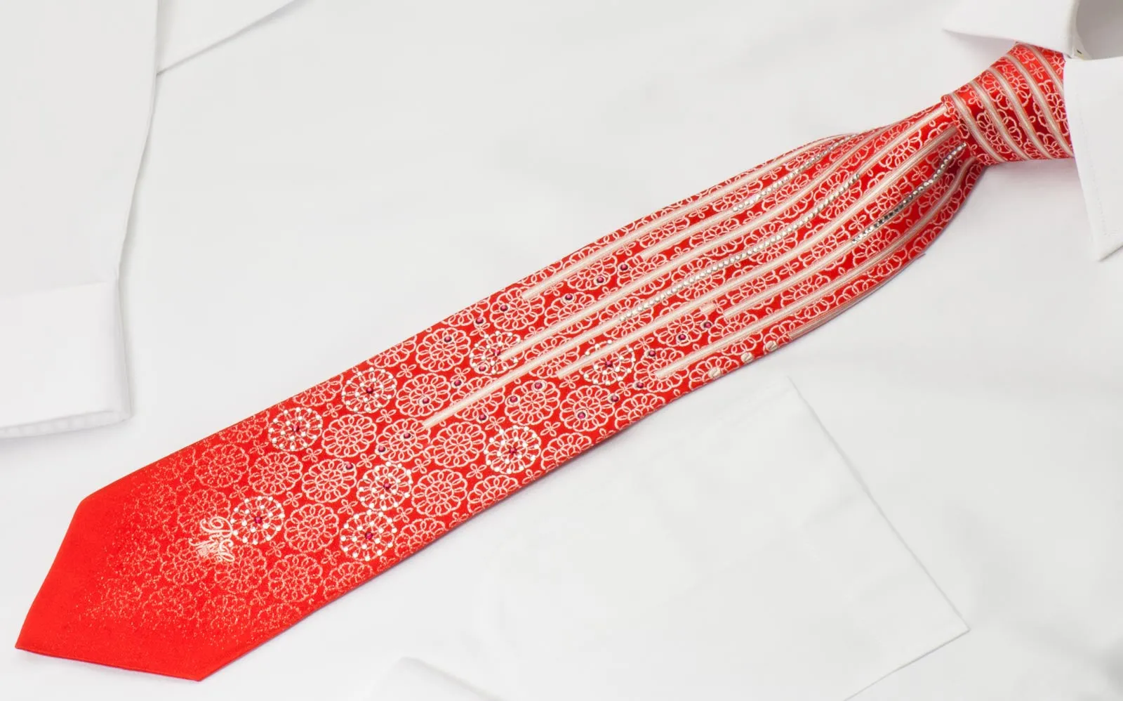 Nina Ricci Men's Silk Tie Silver Medallions On Red With Crystal Rhinestones