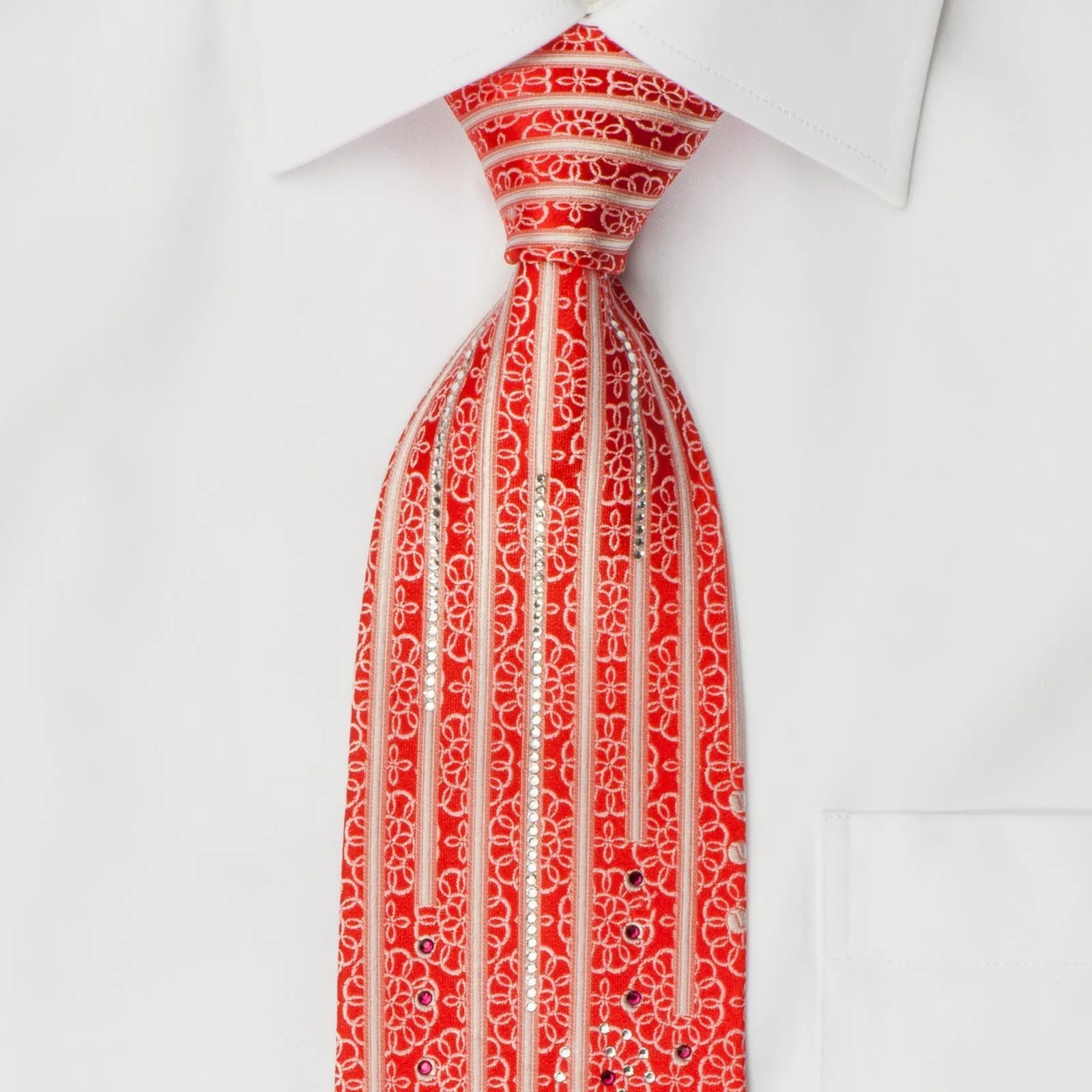 Nina Ricci Men's Silk Tie Silver Medallions On Red With Crystal Rhinestones