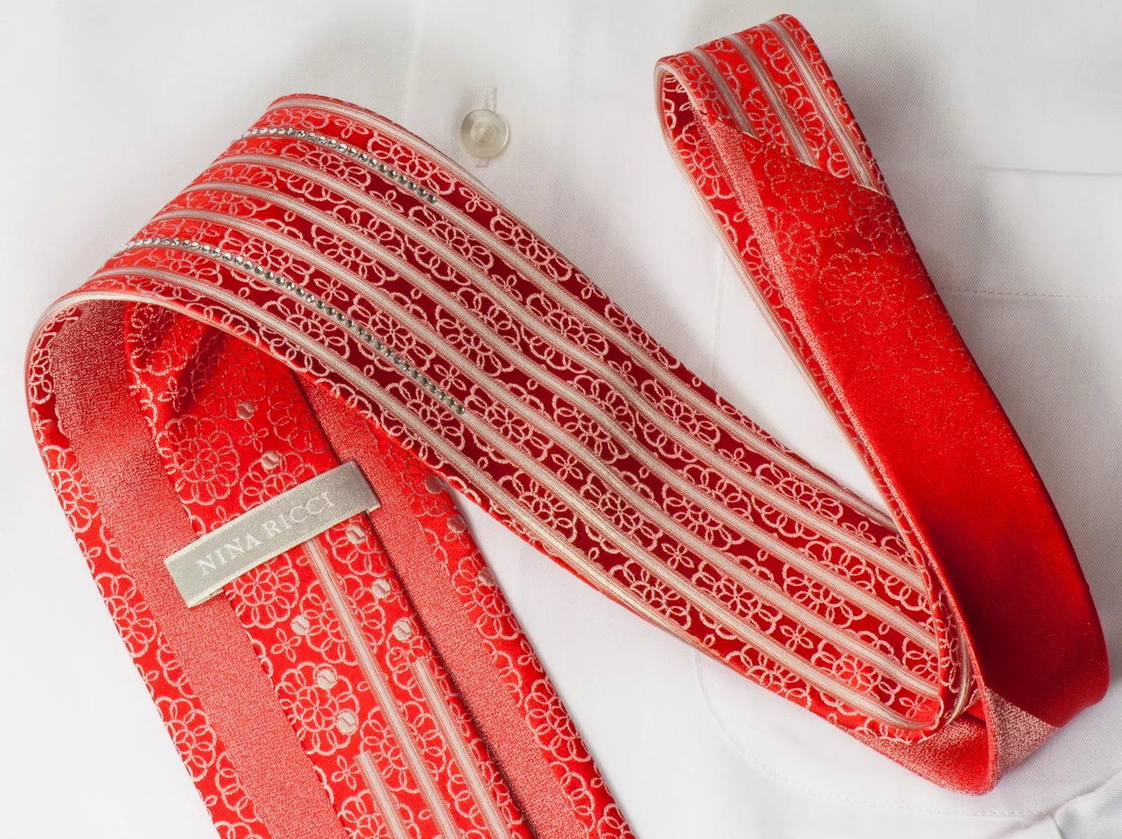 Nina Ricci Men's Silk Tie Silver Medallions On Red With Crystal Rhinestones