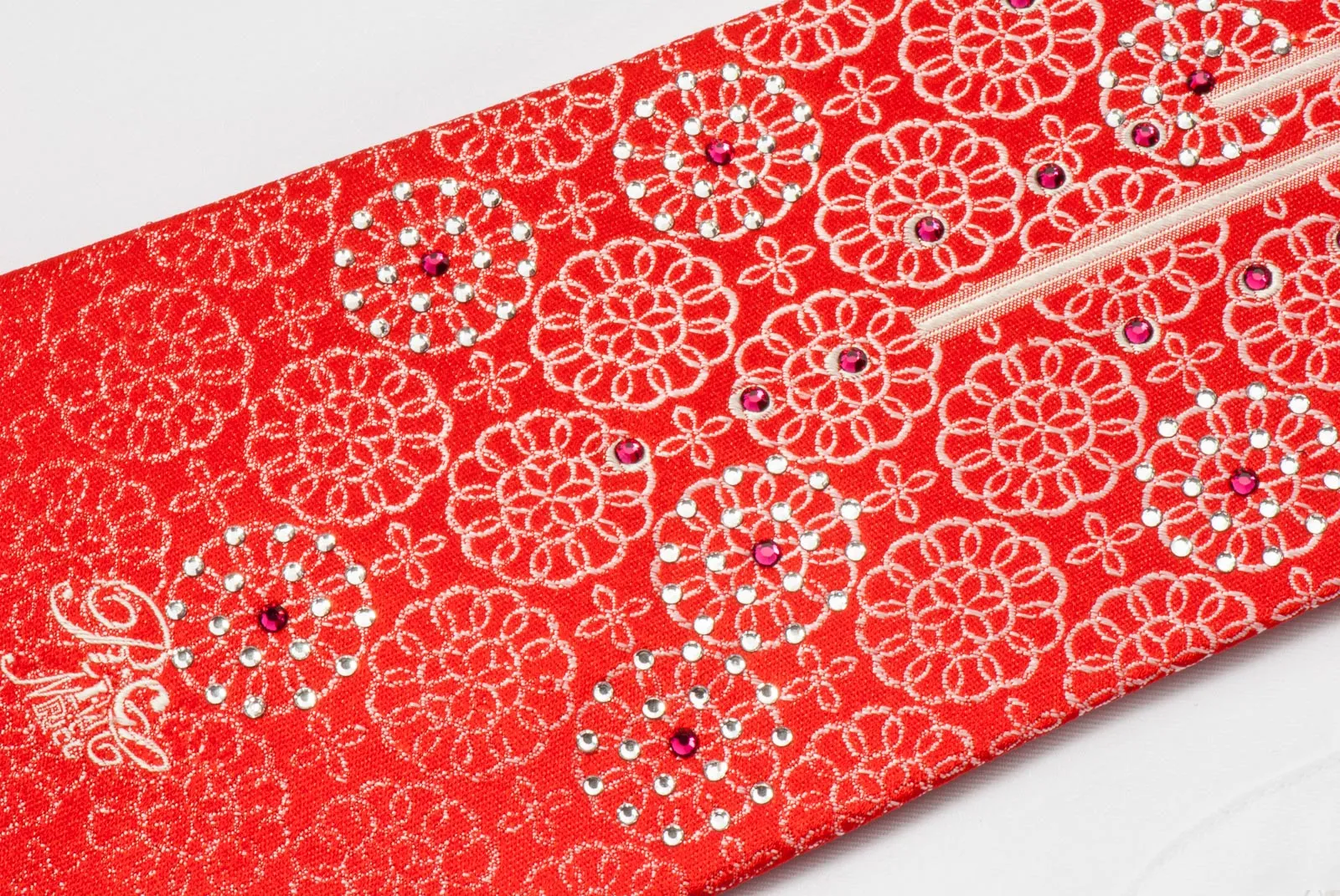 Nina Ricci Men's Silk Tie Silver Medallions On Red With Crystal Rhinestones