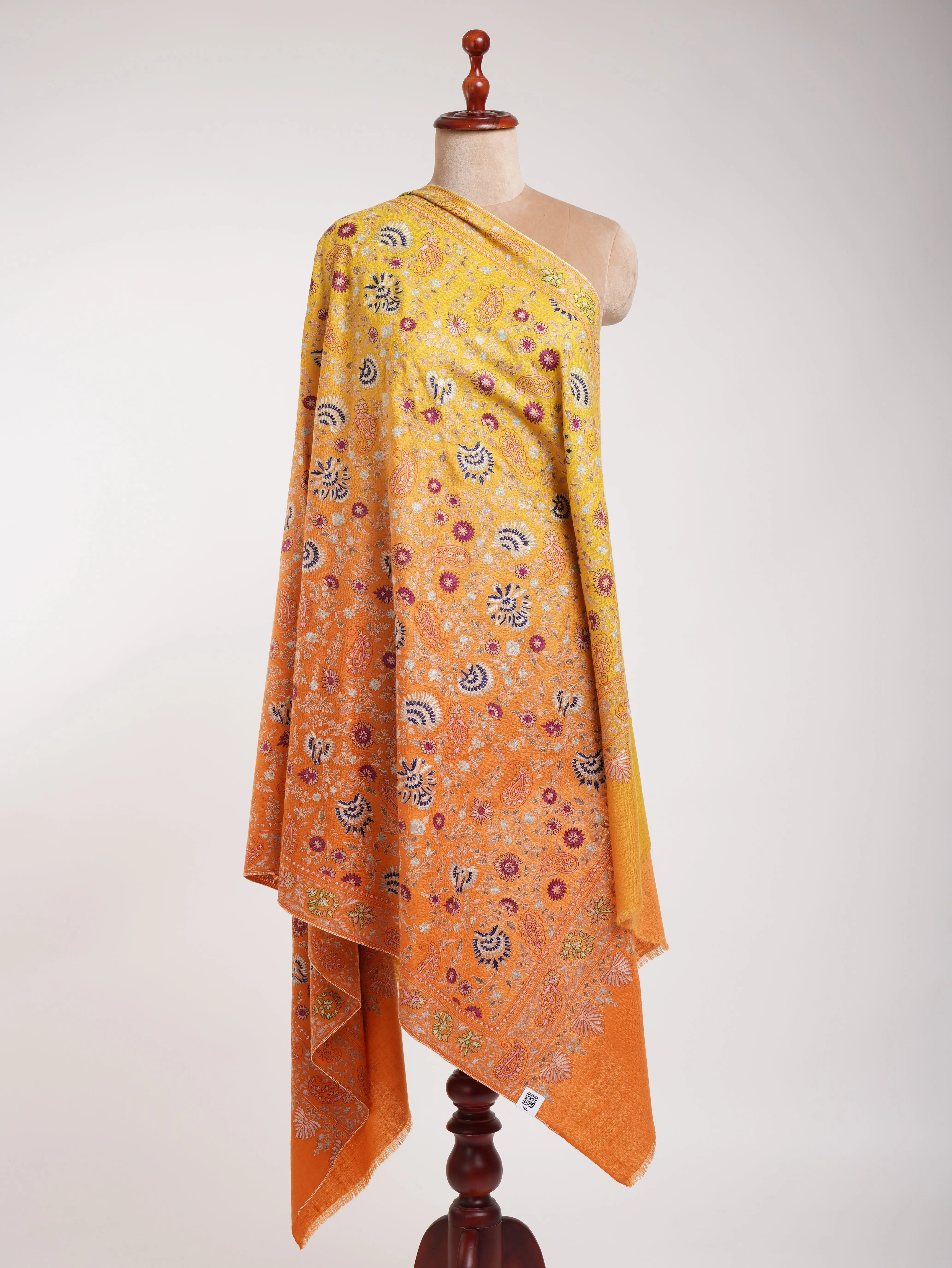 Orange and Yellow Embroidered Indian Cashmere Pashmina Shawl