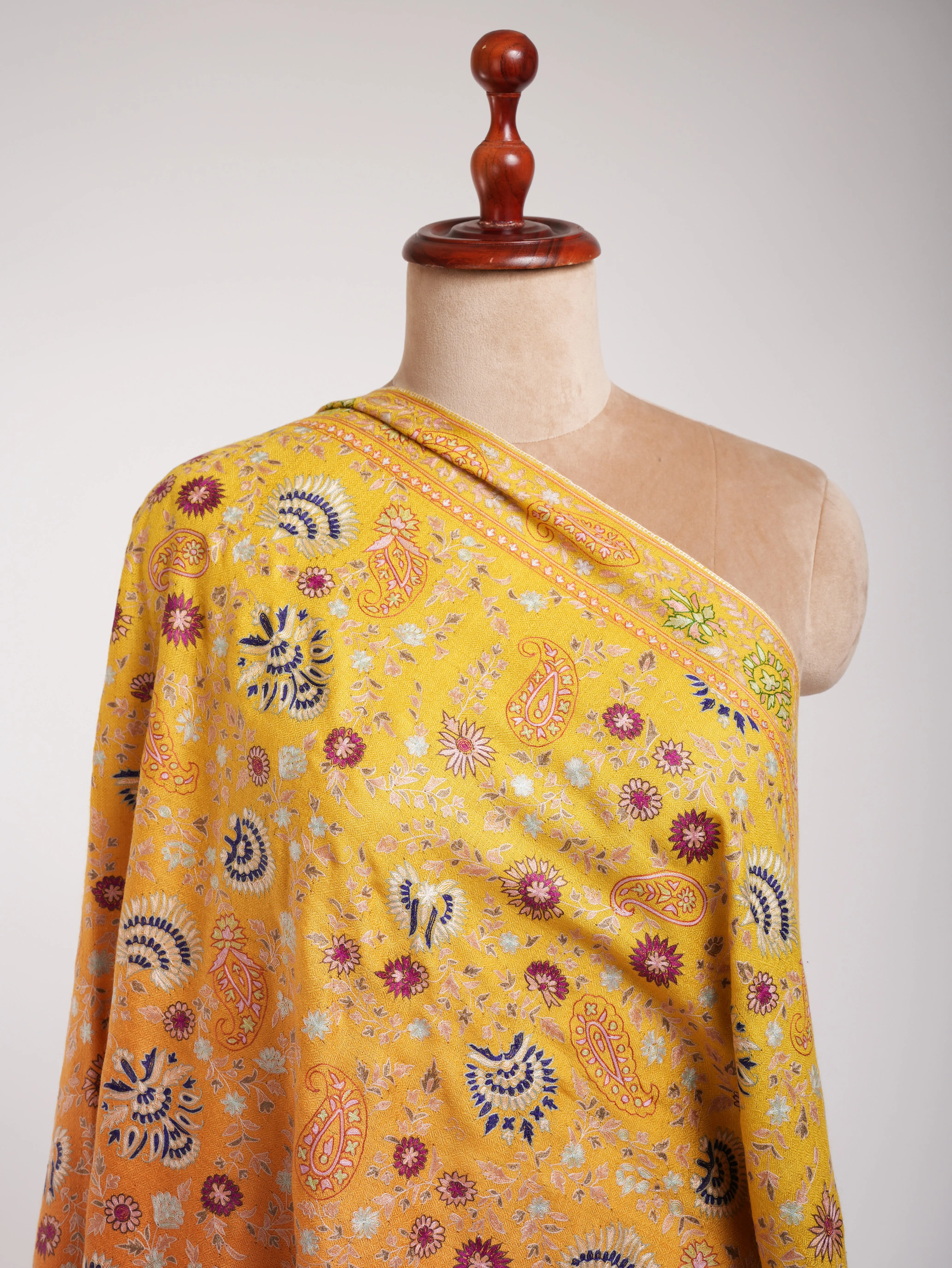 Orange and Yellow Embroidered Indian Cashmere Pashmina Shawl