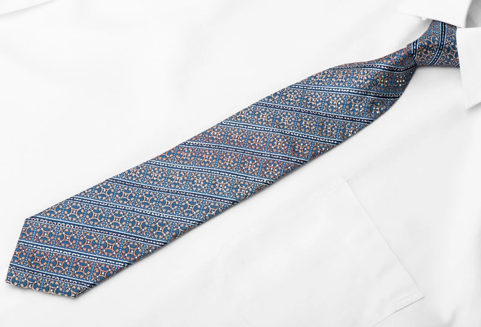 Orange Cartouche & Stripes On Blue Men's Crystal Rhinestone Silk Necktie With Sparkles