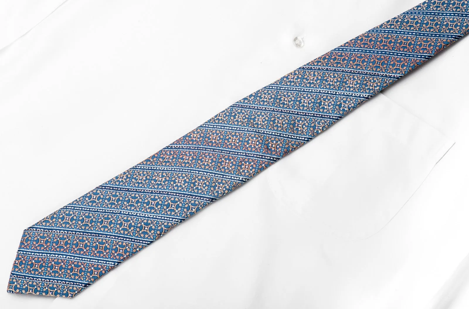 Orange Cartouche & Stripes On Blue Men's Crystal Rhinestone Silk Necktie With Sparkles