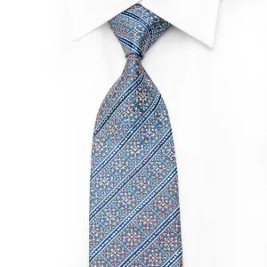 Orange Cartouche & Stripes On Blue Men's Crystal Rhinestone Silk Necktie With Sparkles
