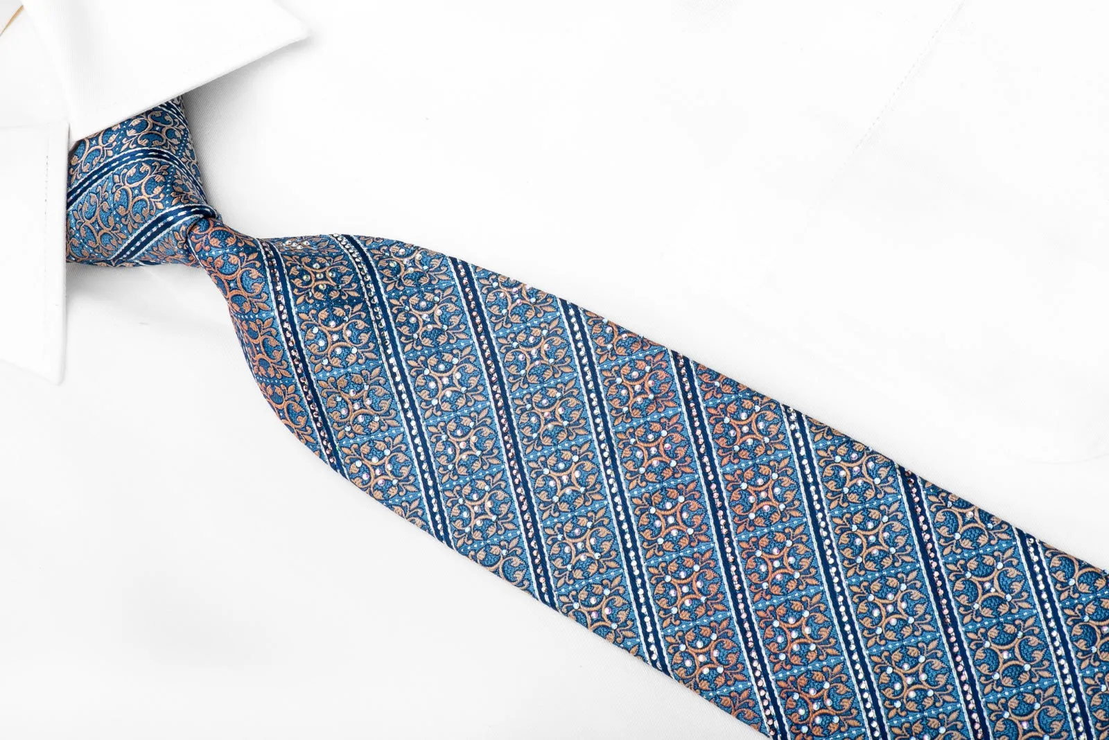 Orange Cartouche & Stripes On Blue Men's Crystal Rhinestone Silk Necktie With Sparkles