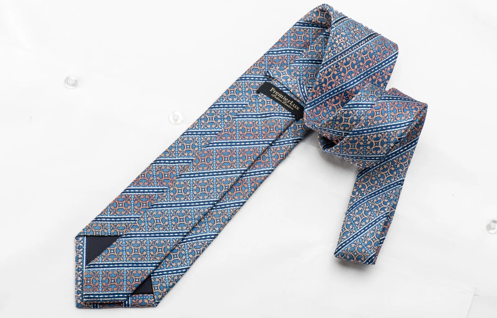 Orange Cartouche & Stripes On Blue Men's Crystal Rhinestone Silk Necktie With Sparkles